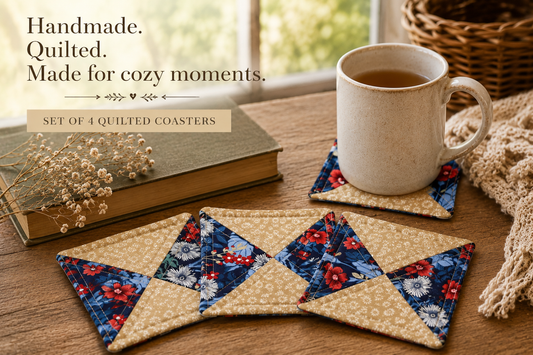 Midnight Wildflower Handmade Quilted Coasters Set of 4 – Blue Floral Cottagecore Mug Rugs