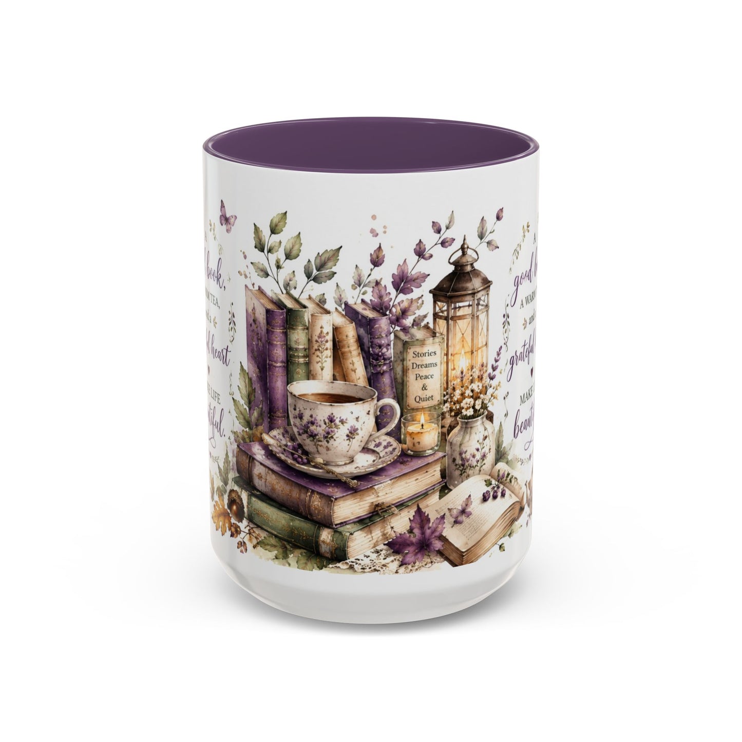 A Good Book & a Cup of Tea – 15 oz Purple Accent Mug | Book Lover & Tea Lover Gift