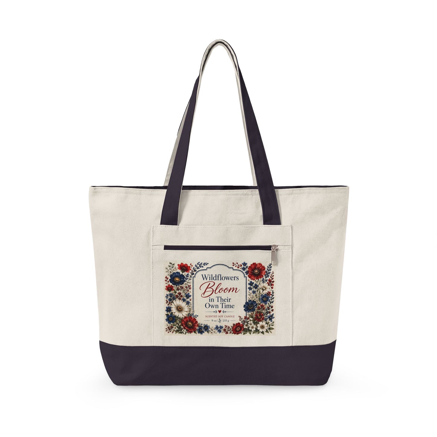 Wildflowers Bloom in Their Own Time – Zippered Canvas Tote Bag | Midnight Wildflower Collection