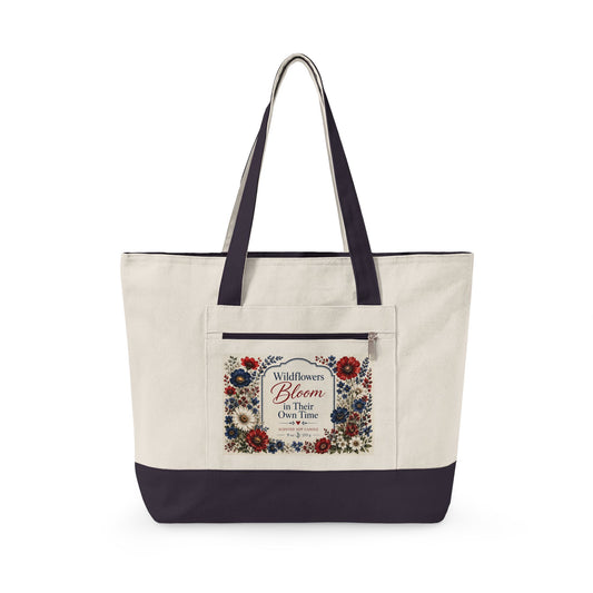 Wildflowers Bloom in Their Own Time – Zippered Canvas Tote Bag | Midnight Wildflower Collection