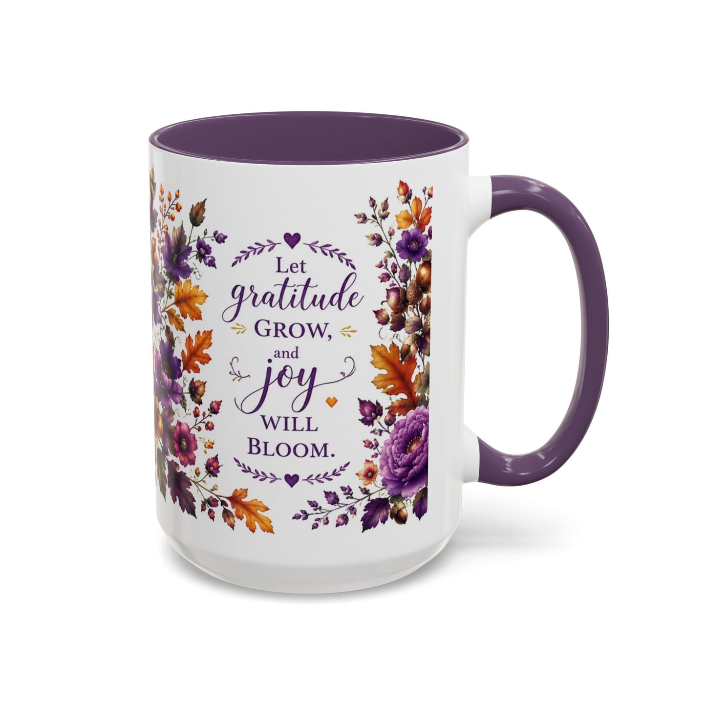 Let Gratitude Grow & Joy Will Bloom – 15 oz Purple Accent Mug | Cottagecore Coffee & Tea Mug