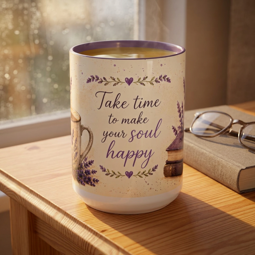 Take Time to Make Your Soul Happy – 15 oz Purple Accent Mug
