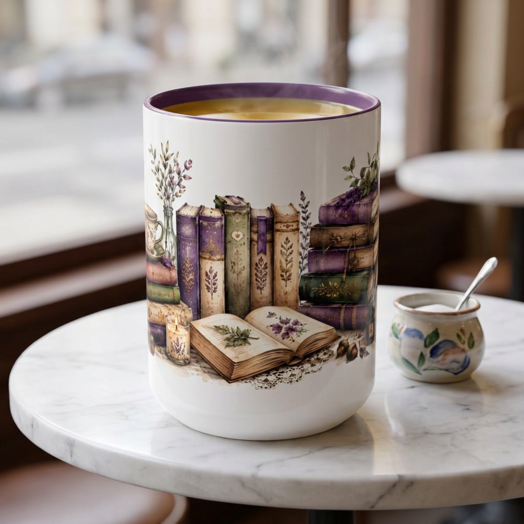 A Good Book, A Warm Drink & A Cozy Day – 15 oz Purple Accent Mug | Book Lover Coffee & Tea Mug  ⸻