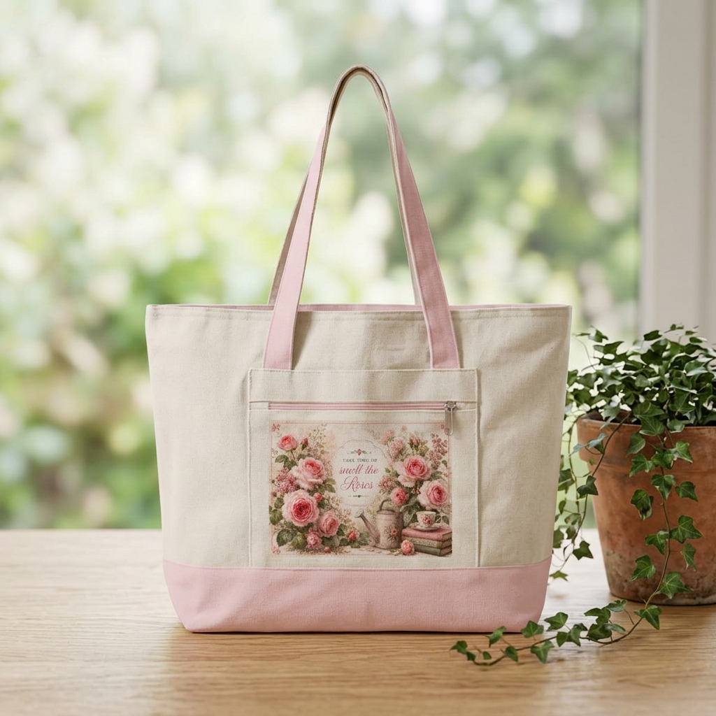 Take Time to Smell the Roses – Zippered Canvas Tote Bag | Rose Garden Collection