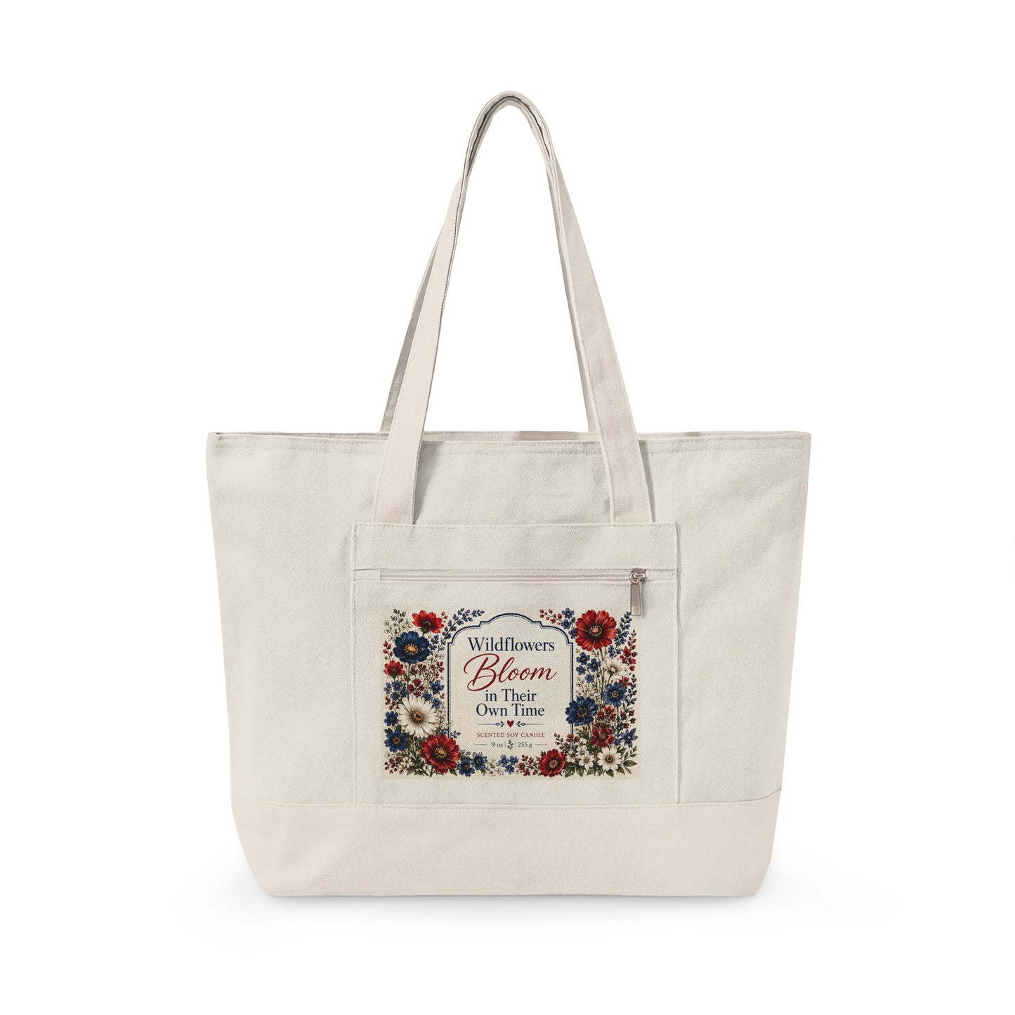 Wildflowers Bloom in Their Own Time – Zippered Canvas Tote Bag | Midnight Wildflower Collection