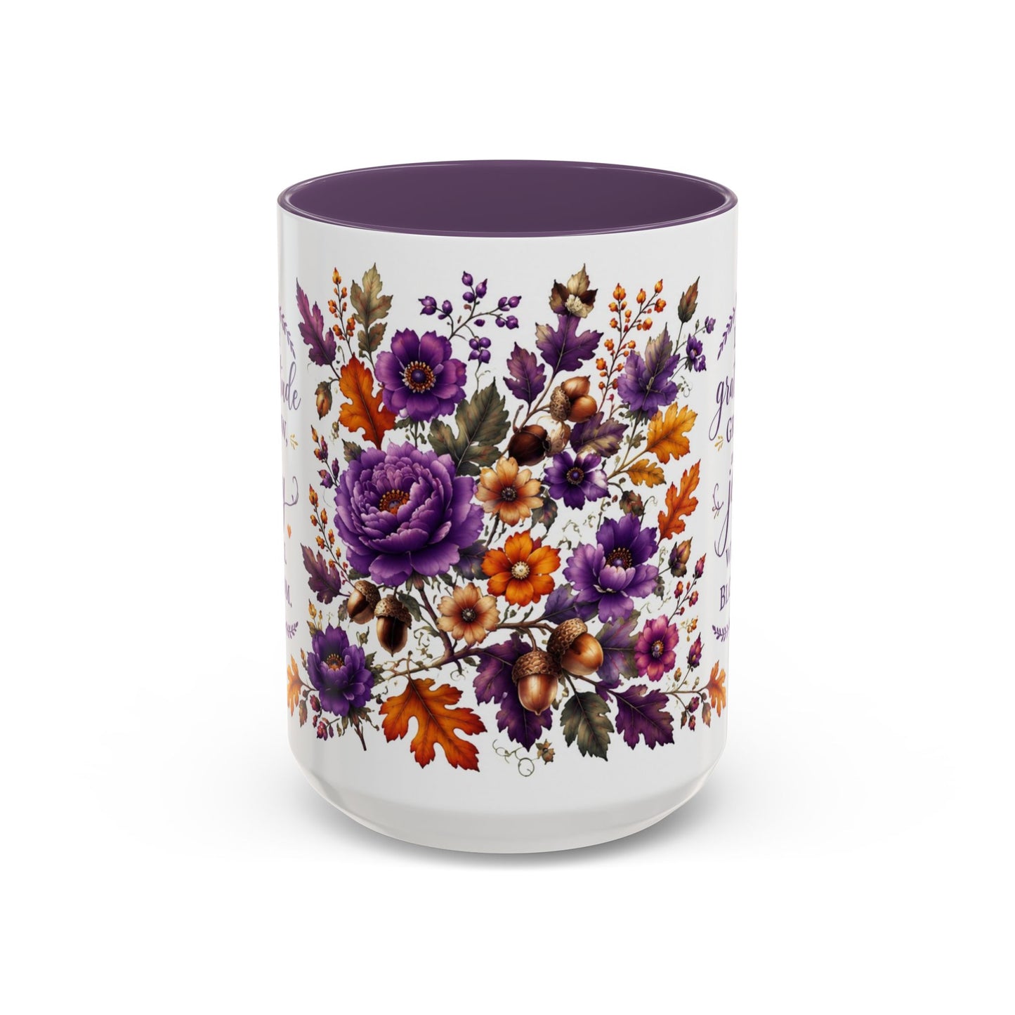 Let Gratitude Grow & Joy Will Bloom – 15 oz Purple Accent Mug | Cottagecore Coffee & Tea Mug