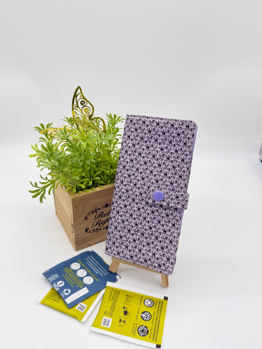 Purple Floral - Handmade Tea Wallet - Cotton Tea Bag Holder with Snap Closure - Travel Tea Organizer