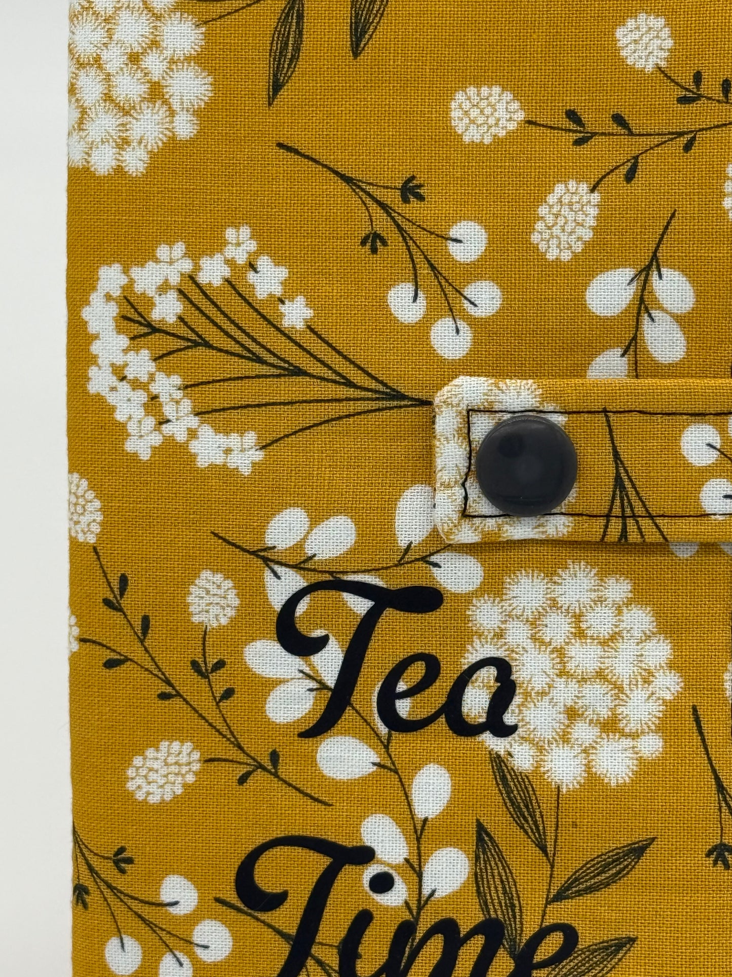 Tea Time Gold Floral Handmade Tea Wallet - Cotton Tea Bag Holder with Snap Closure - Travel Tea Organizer