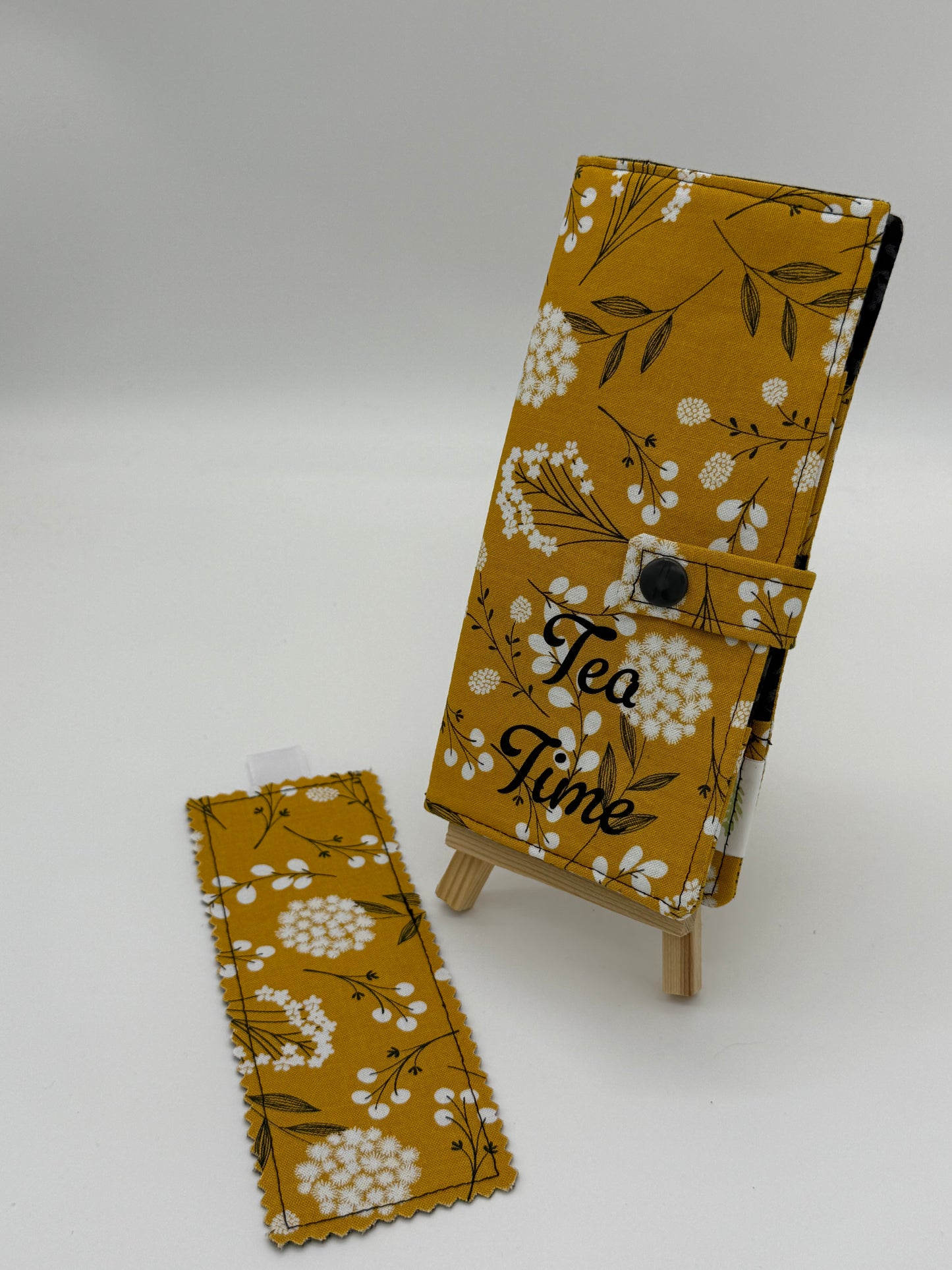 Tea Time Gold Floral Handmade Tea Wallet - Cotton Tea Bag Holder with Snap Closure - Travel Tea Organizer