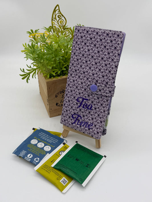 Tea Time - Purple Floral - Handmade Tea Wallet - Cotton Tea Bag Holder with Snap Closure - Travel Tea Organizer