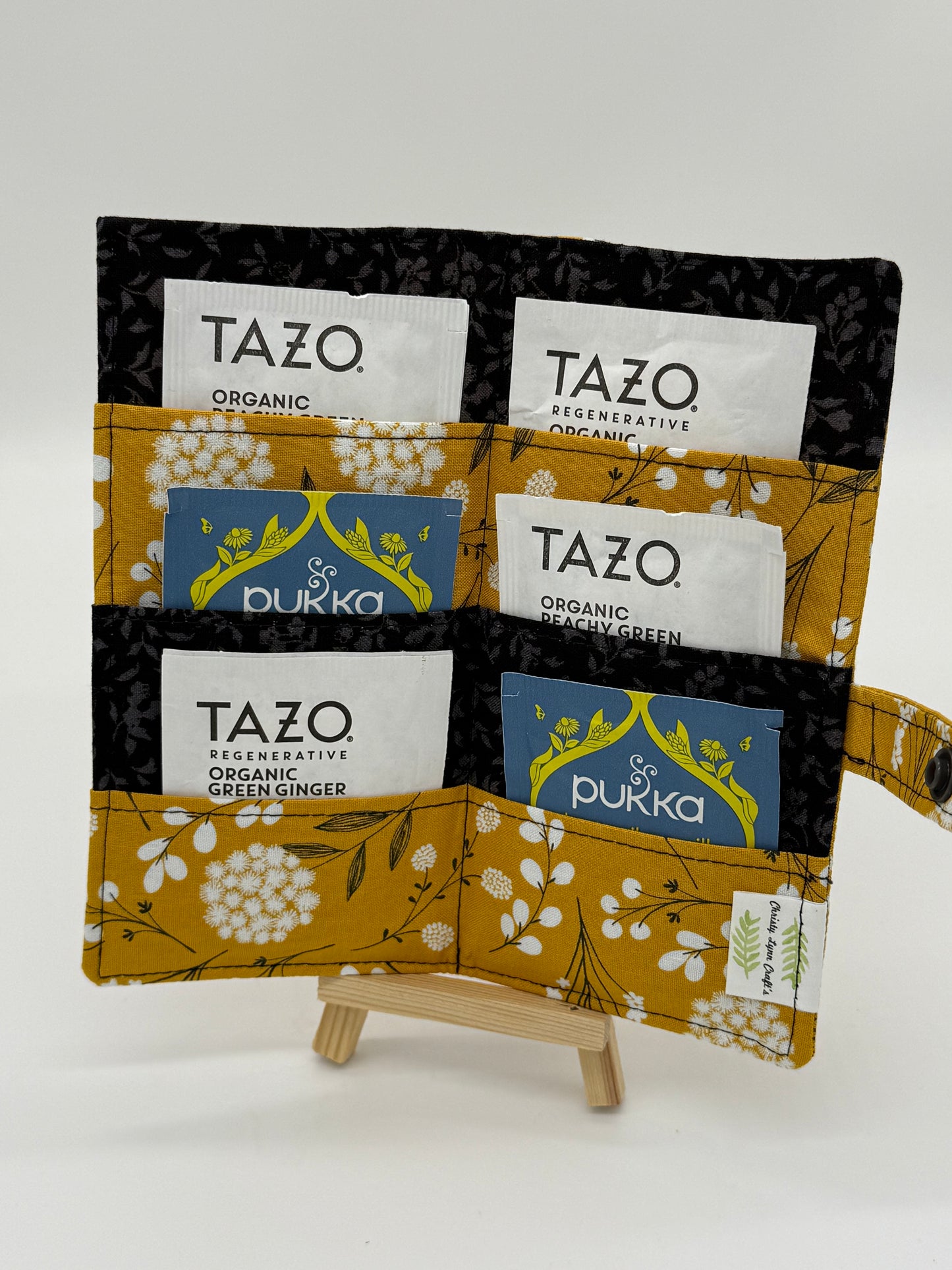 Tea Time Gold Floral Handmade Tea Wallet - Cotton Tea Bag Holder with Snap Closure - Travel Tea Organizer