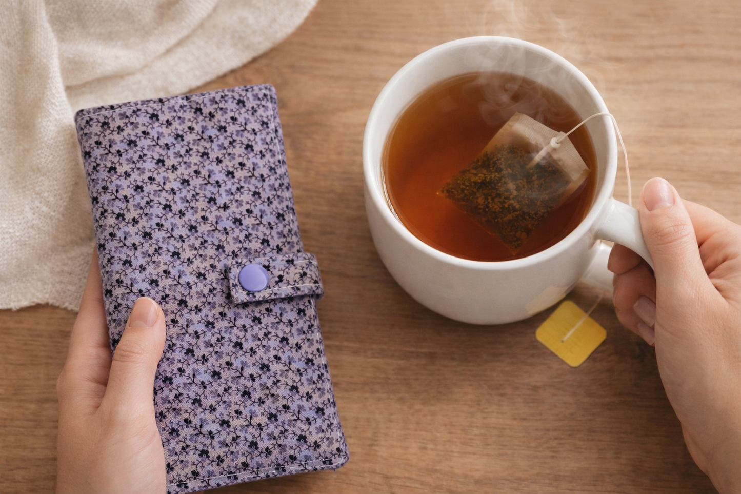 Purple Floral - Handmade Tea Wallet - Cotton Tea Bag Holder with Snap Closure - Travel Tea Organizer