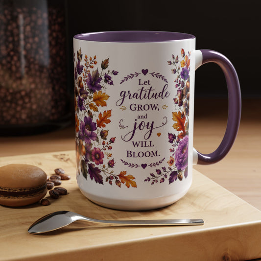 Let Gratitude Grow & Joy Will Bloom – 15 oz Purple Accent Mug | Cottagecore Coffee & Tea Mug