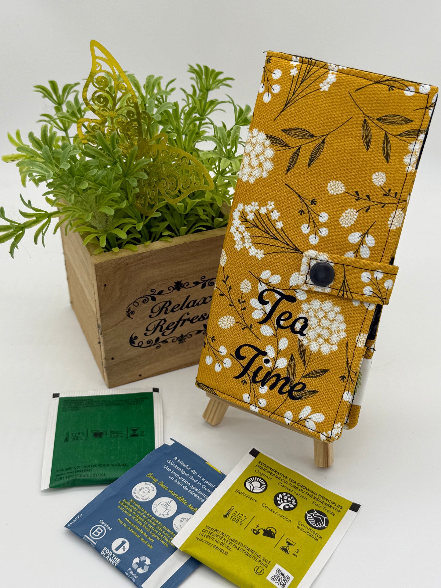 Tea Time Gold Floral Handmade Tea Wallet - Cotton Tea Bag Holder with Snap Closure - Travel Tea Organizer