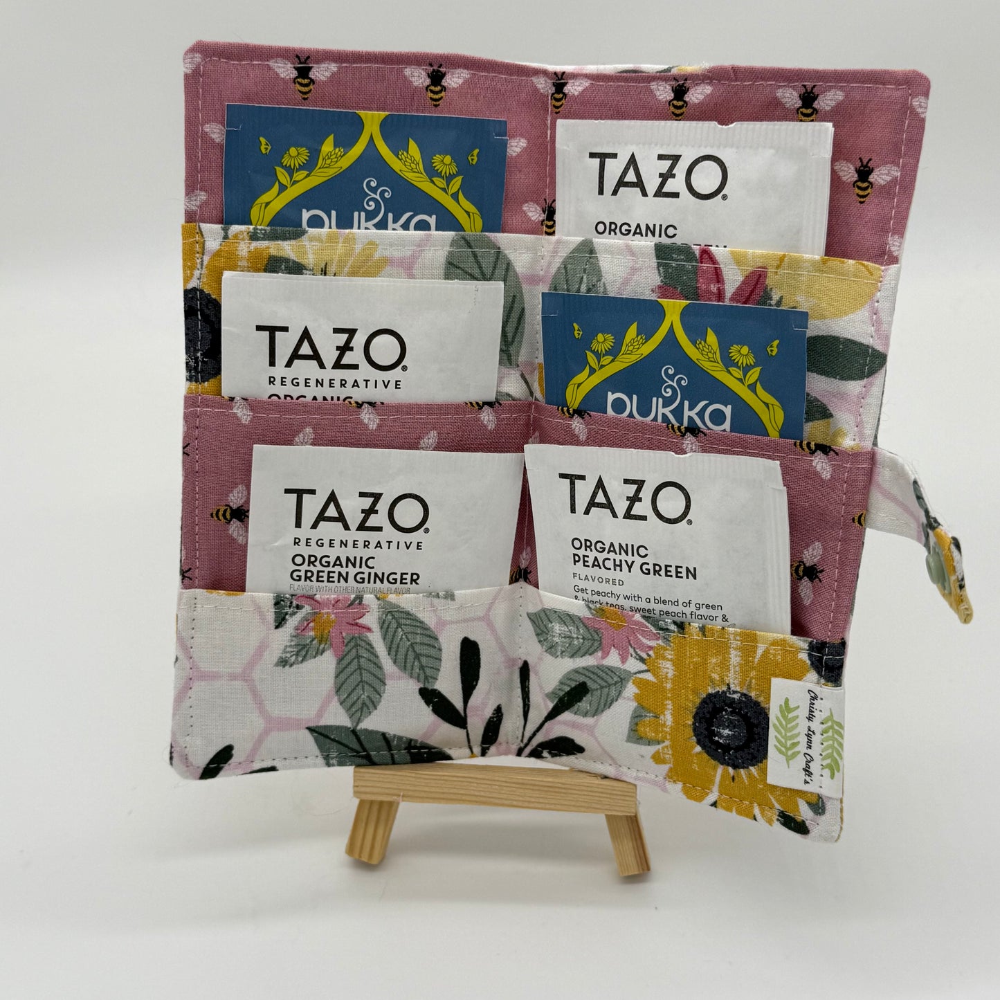 Honeycomb Floral - Handmade Tea Wallet - Cotton Tea Bag Holder with Snap Closure - Travel Tea Organizer