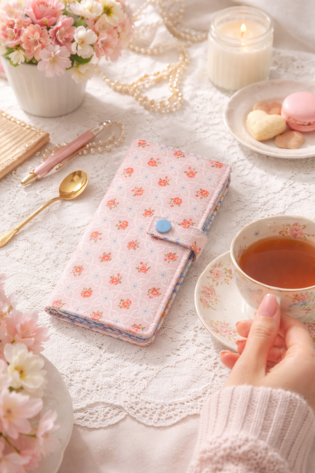Pink Floral - Handmade Tea Wallet - Cotton Tea Bag Holder with Snap Closure - Travel Tea Organizer (Copy)