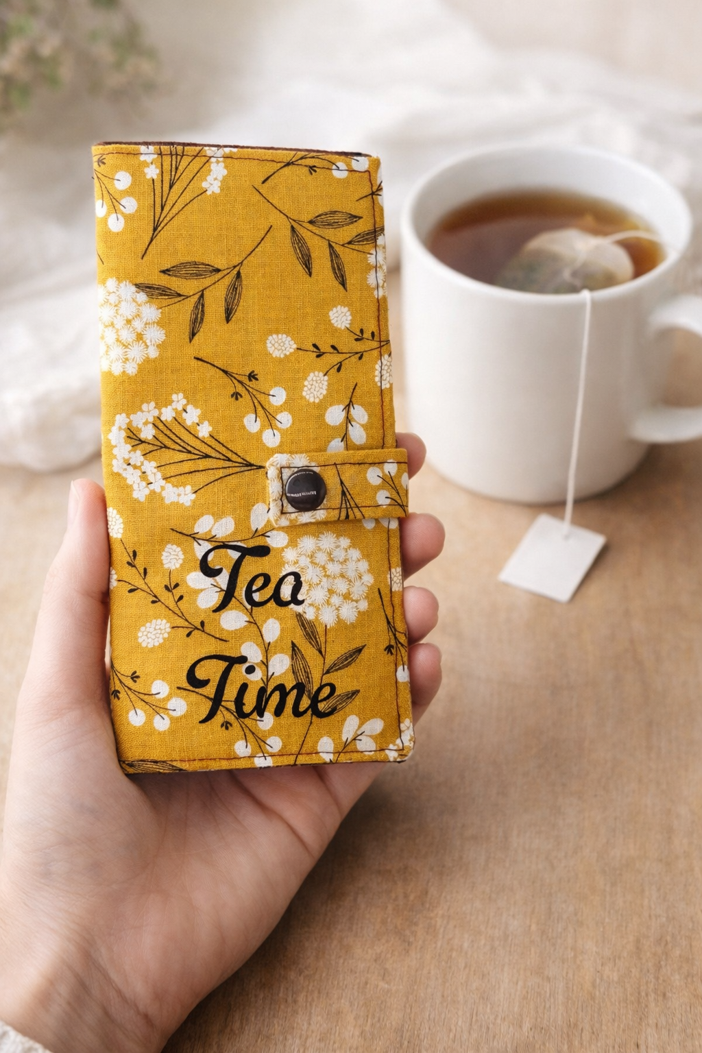 Tea Time Gold Floral Handmade Tea Wallet - Cotton Tea Bag Holder with Snap Closure - Travel Tea Organizer
