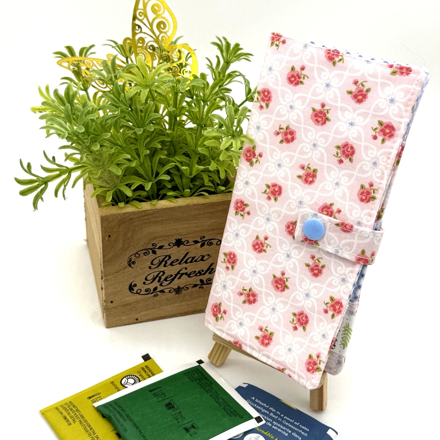 Pink Floral - Handmade Tea Wallet - Cotton Tea Bag Holder with Snap Closure - Travel Tea Organizer (Copy)