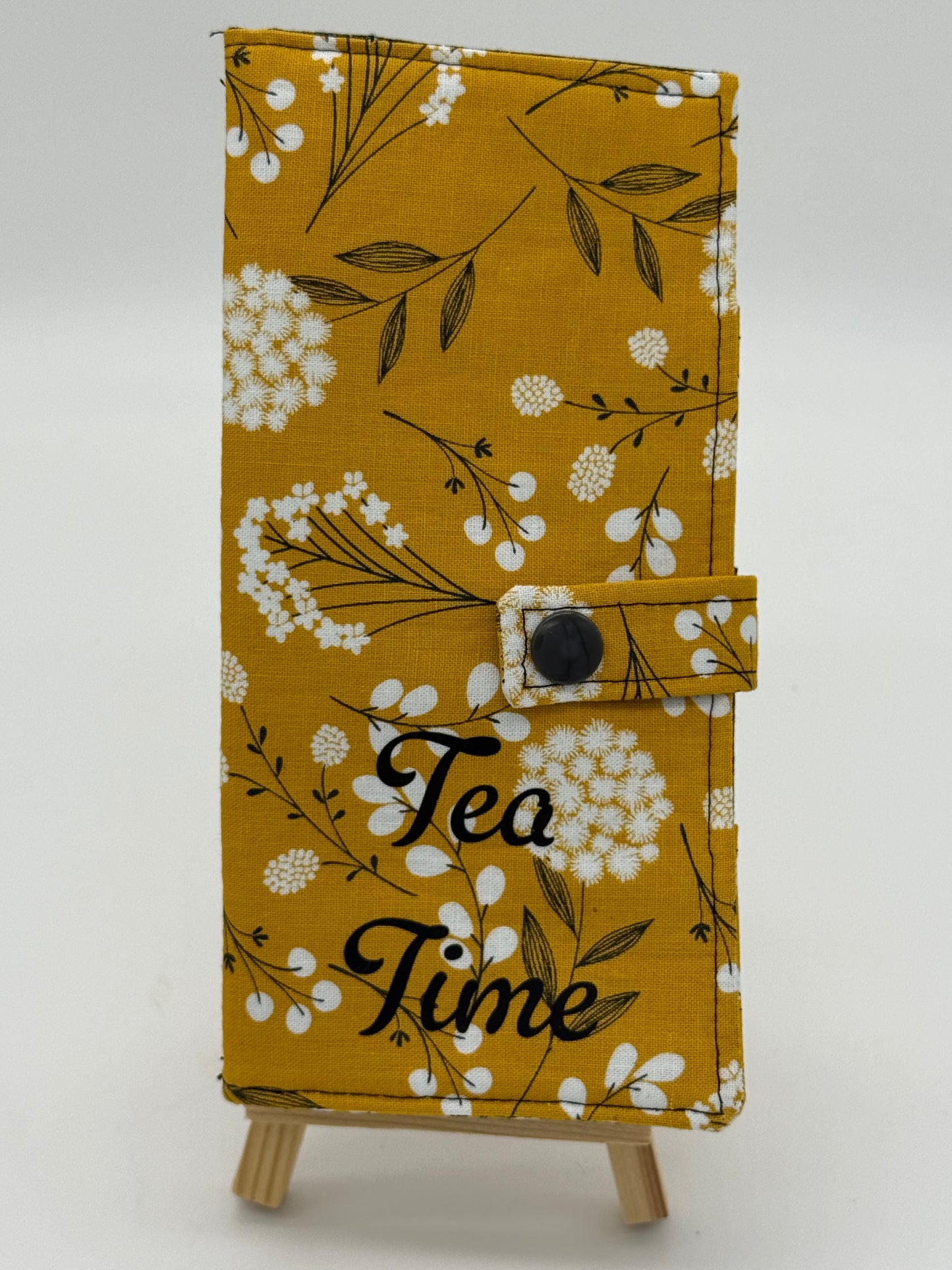 Tea Time Gold Floral Handmade Tea Wallet - Cotton Tea Bag Holder with Snap Closure - Travel Tea Organizer