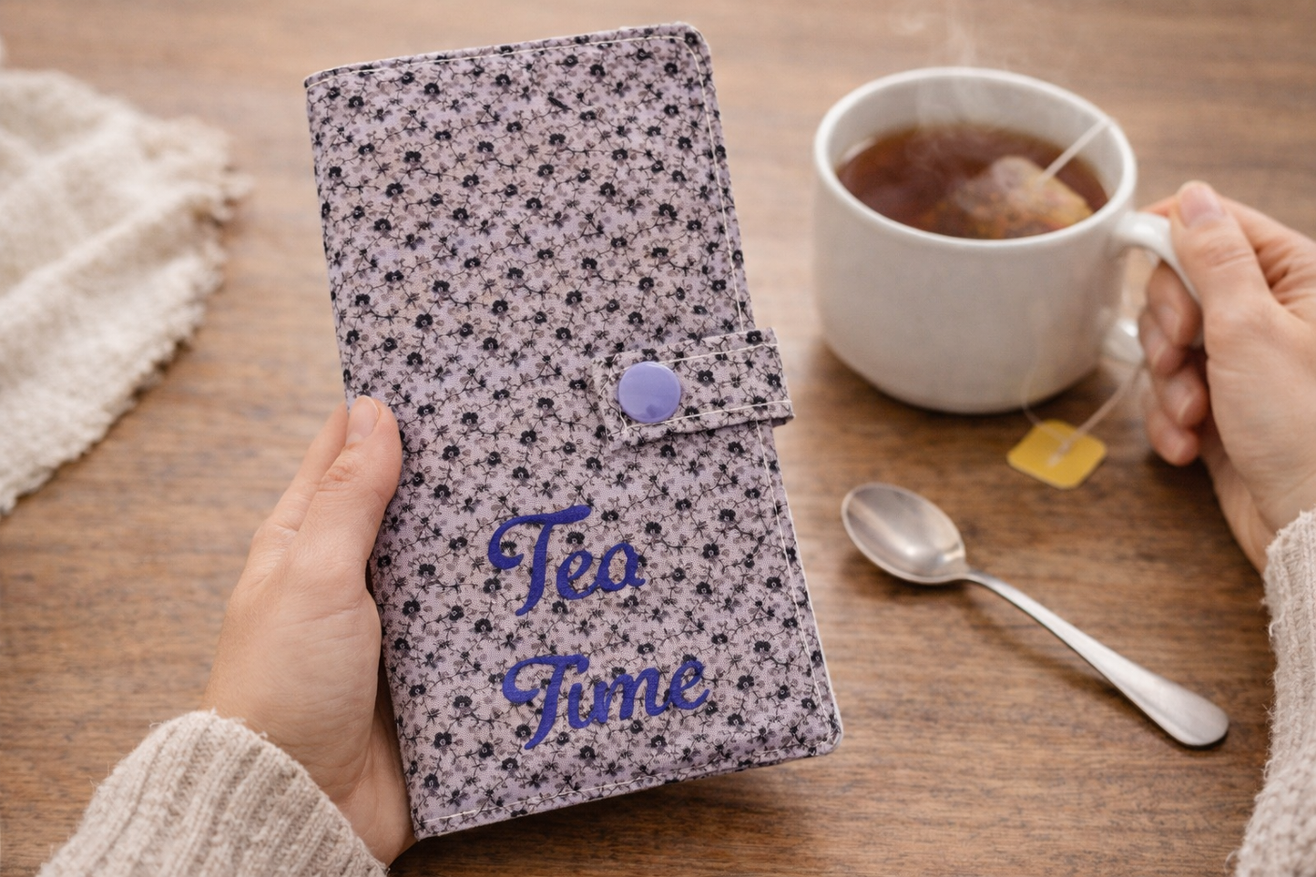 Tea Time - Purple Floral - Handmade Tea Wallet - Cotton Tea Bag Holder with Snap Closure - Travel Tea Organizer