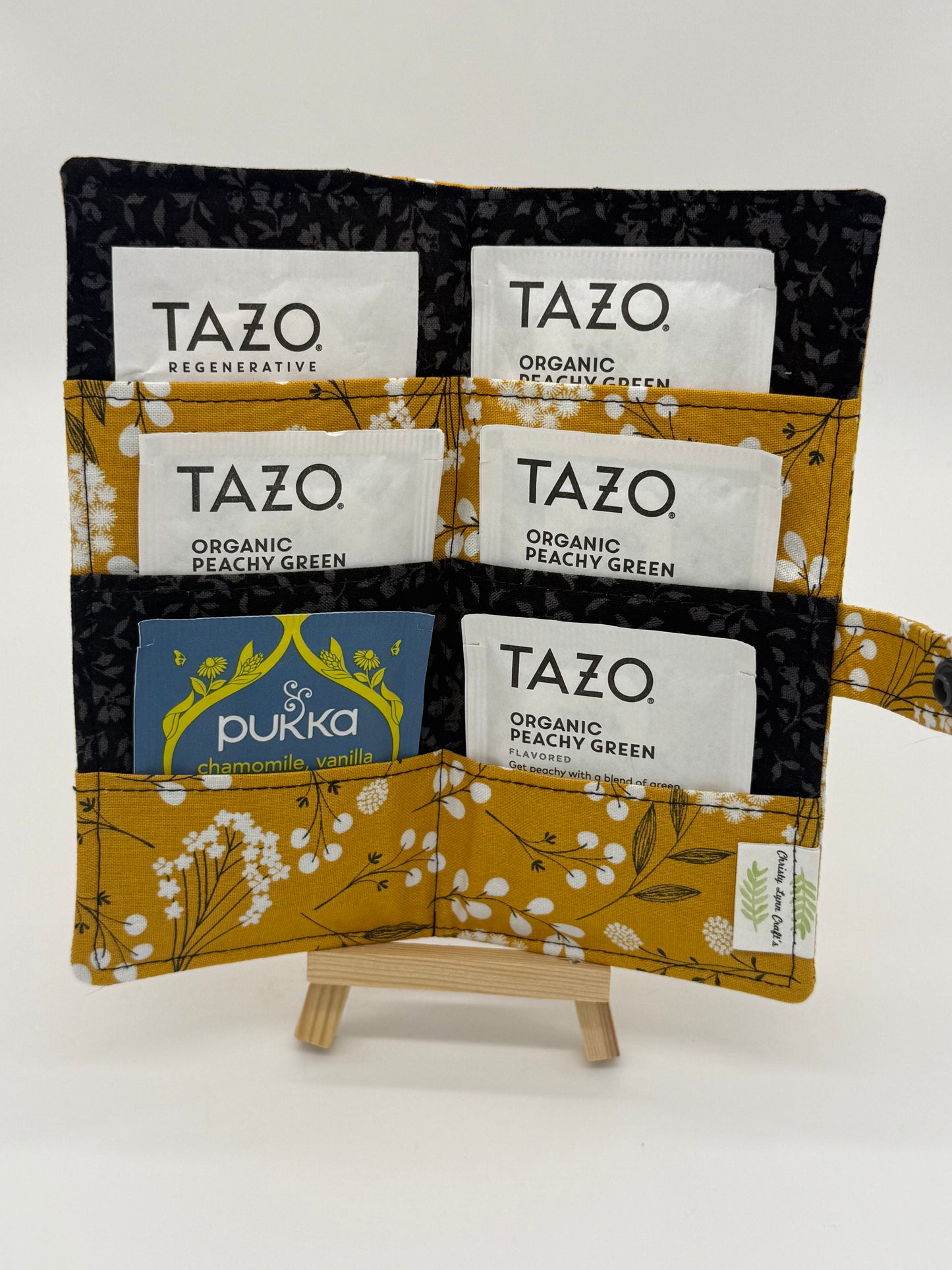 Gold Floral - Handmade Tea Wallet - Cotton Tea Bag Holder with Snap Closure - Travel Tea Organizer