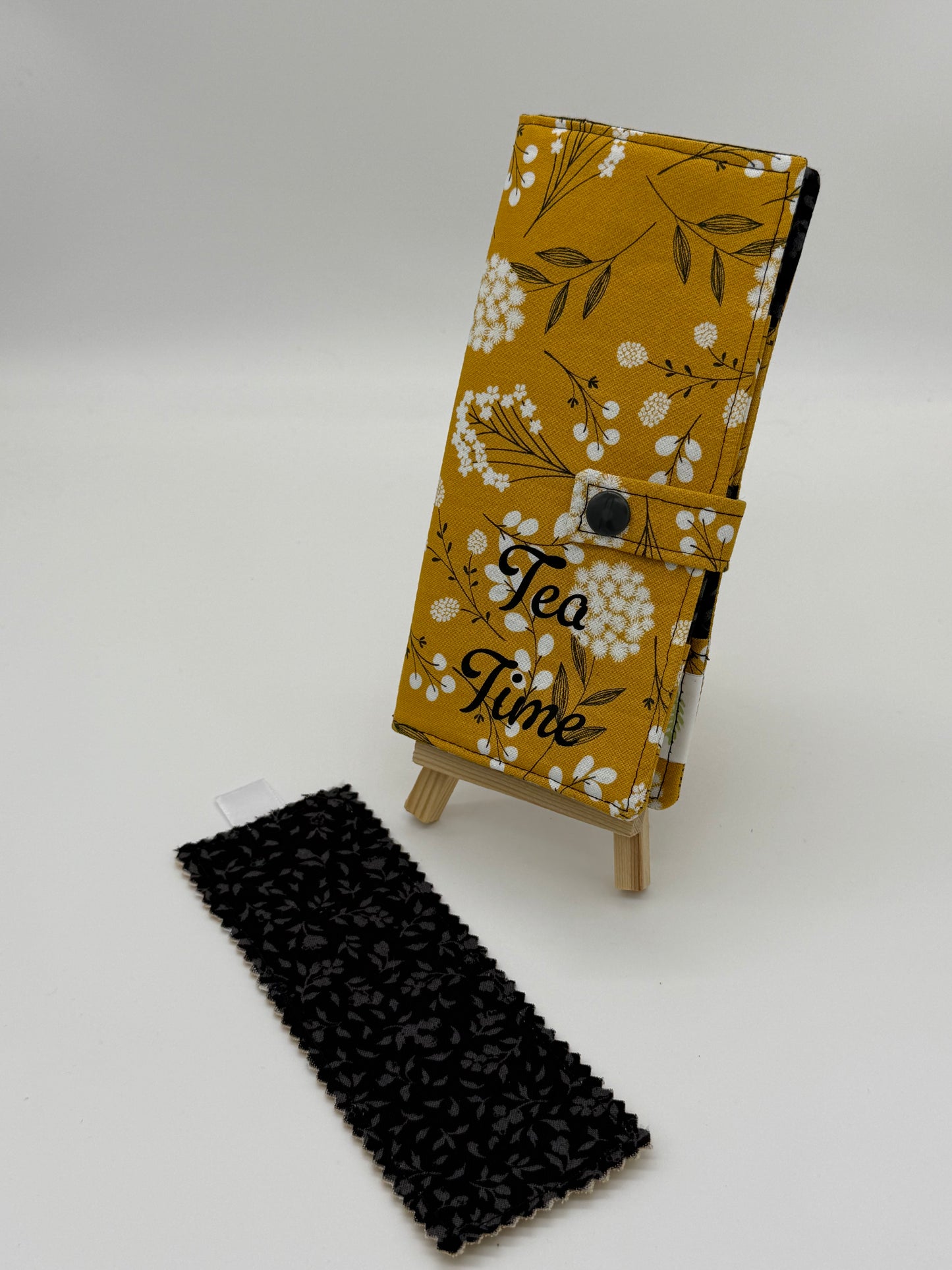 Tea Time Gold Floral Handmade Tea Wallet - Cotton Tea Bag Holder with Snap Closure - Travel Tea Organizer