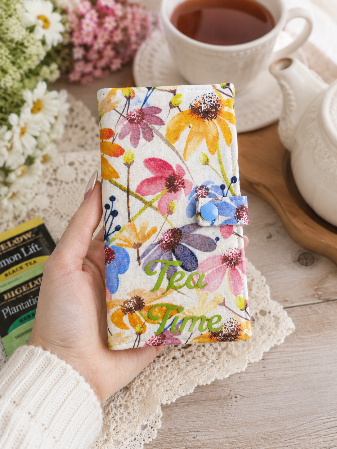 Wildflower Tea Wallet | Handmade Tea Bag Holder | Floral Six Pocket Tea Organizer | Tea Lover Gift