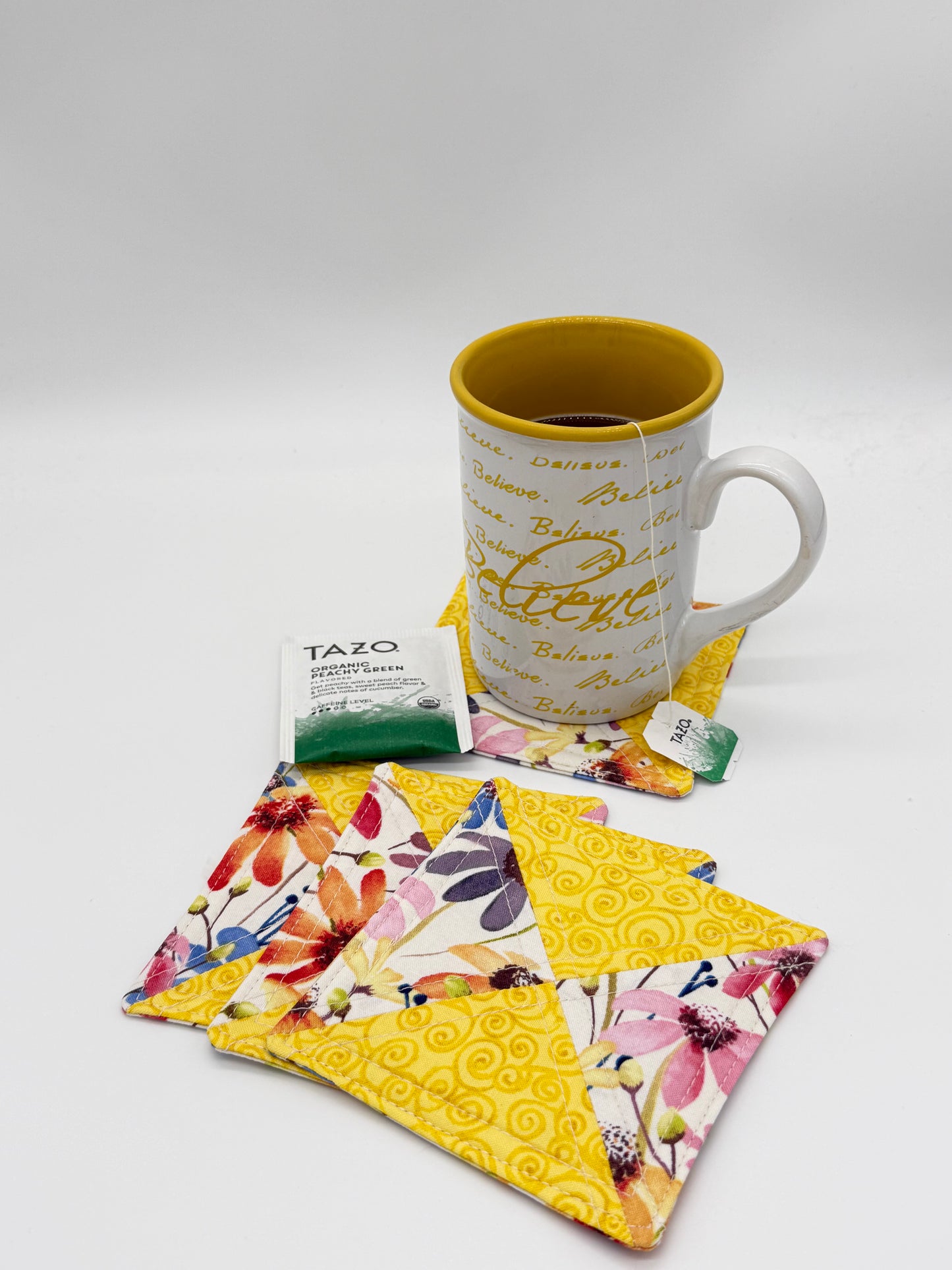 Believe & Bloom Quilted Coaster Set | Handmade Floral Fabric Coasters