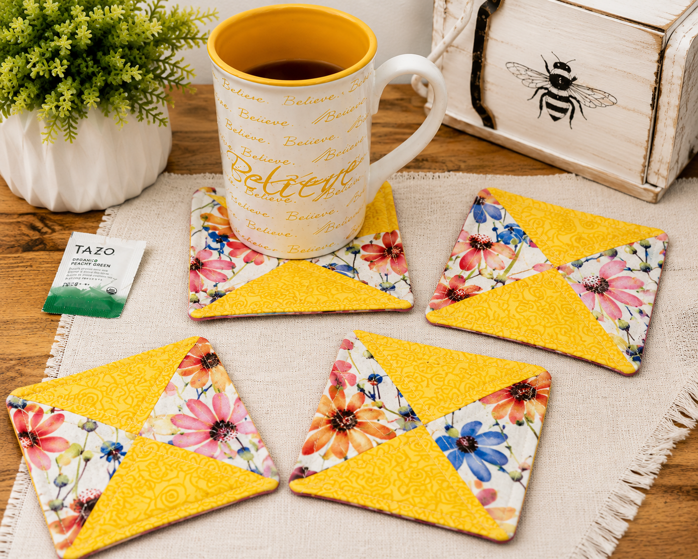Believe & Bloom Quilted Coaster Set | Handmade Floral Fabric Coasters