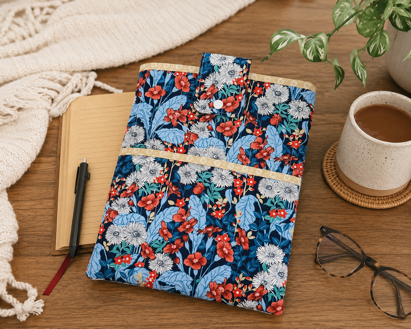 Handmade Floral Book Sleeve with Matching Bookmark | Padded Book Protector for Readers