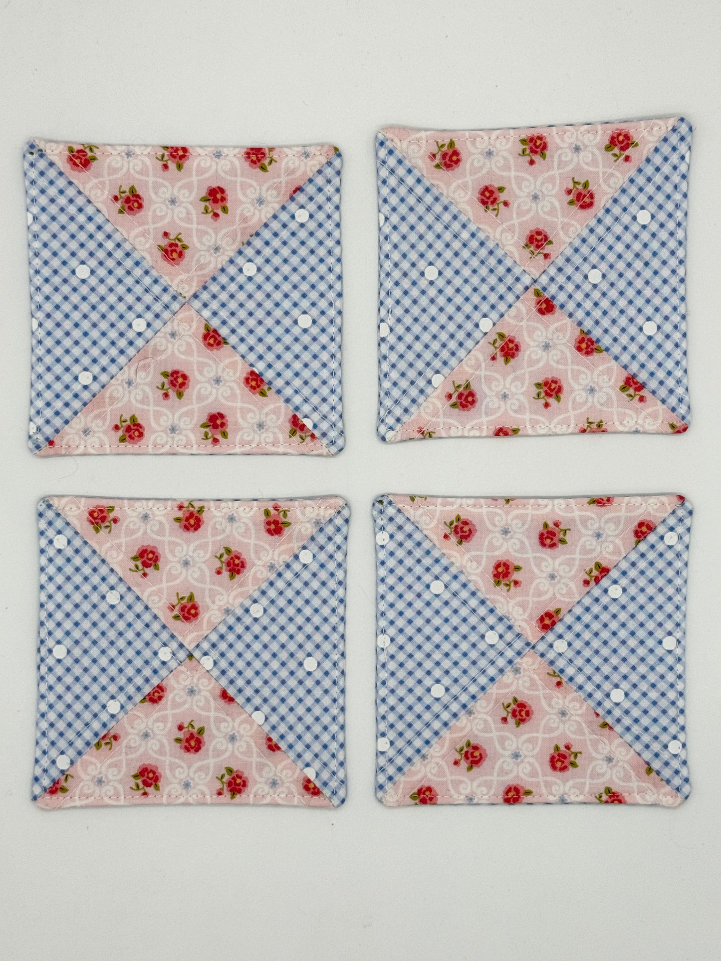 Pink Floral & Blue Gingham Quilted Coasters – Set of 4 Handmade Cotton Coasters