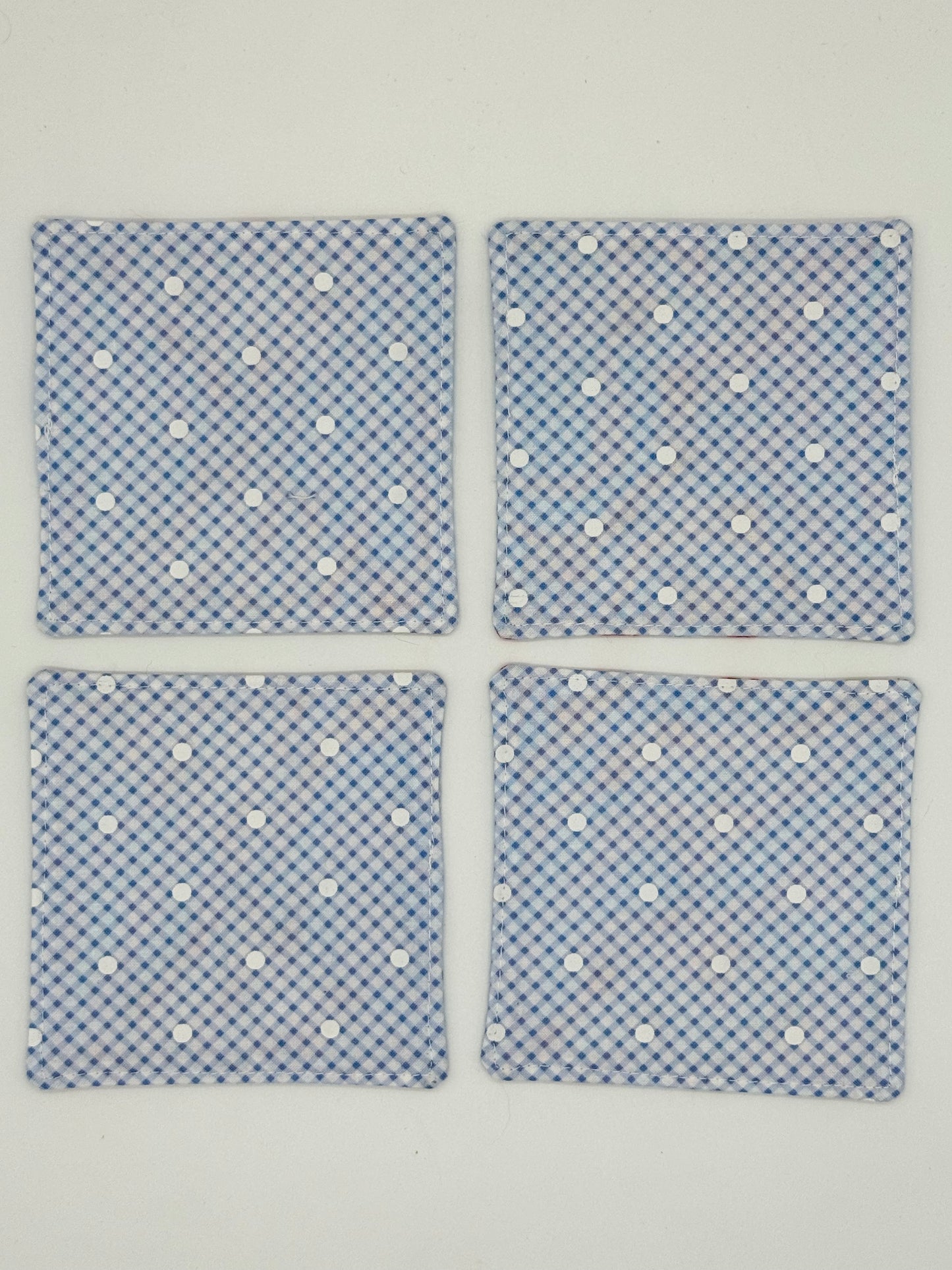 Pink Floral & Blue Gingham Quilted Coasters – Set of 4 Handmade Cotton Coasters