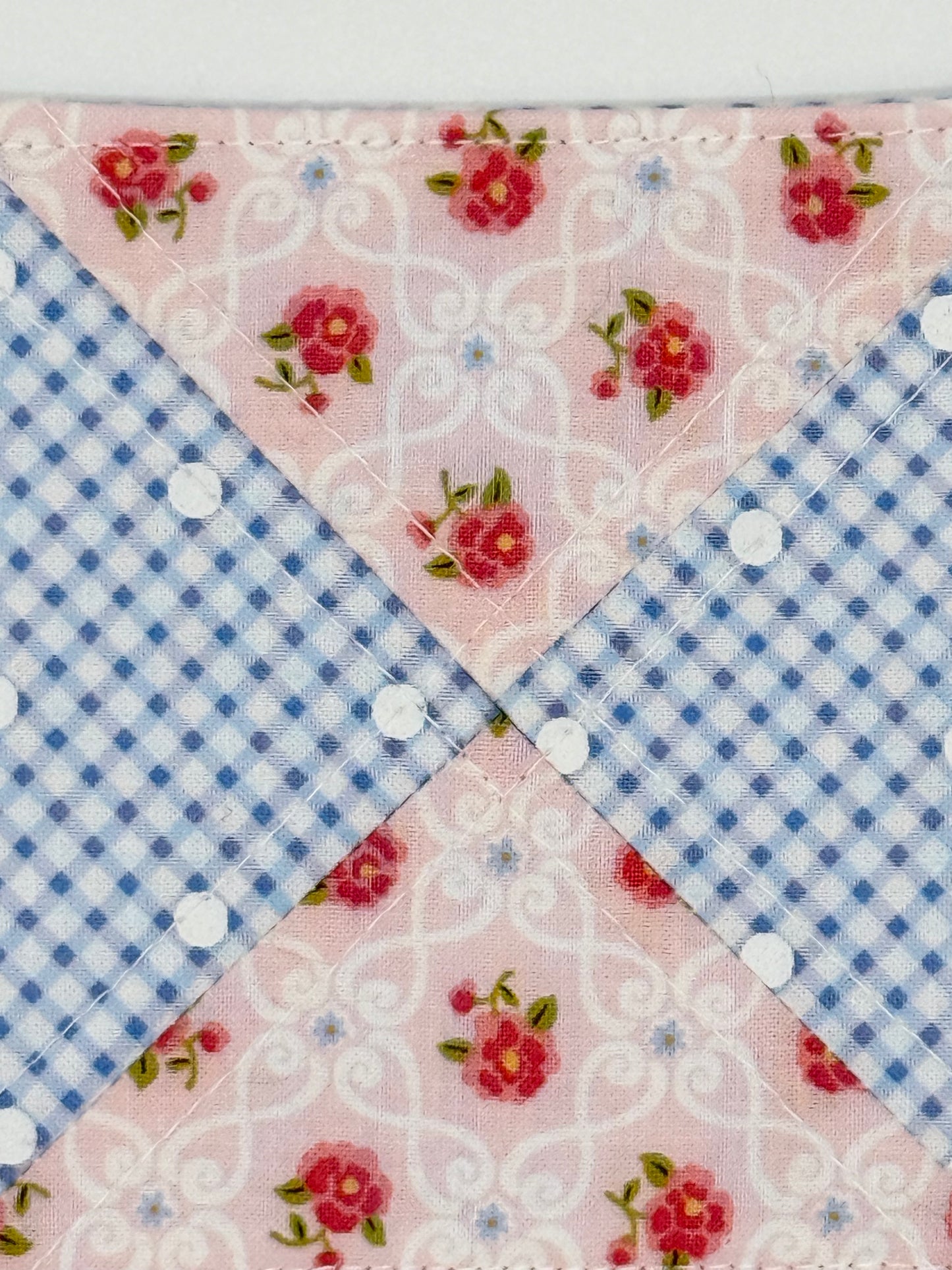 Pink Floral & Blue Gingham Quilted Coasters – Set of 4 Handmade Cotton Coasters