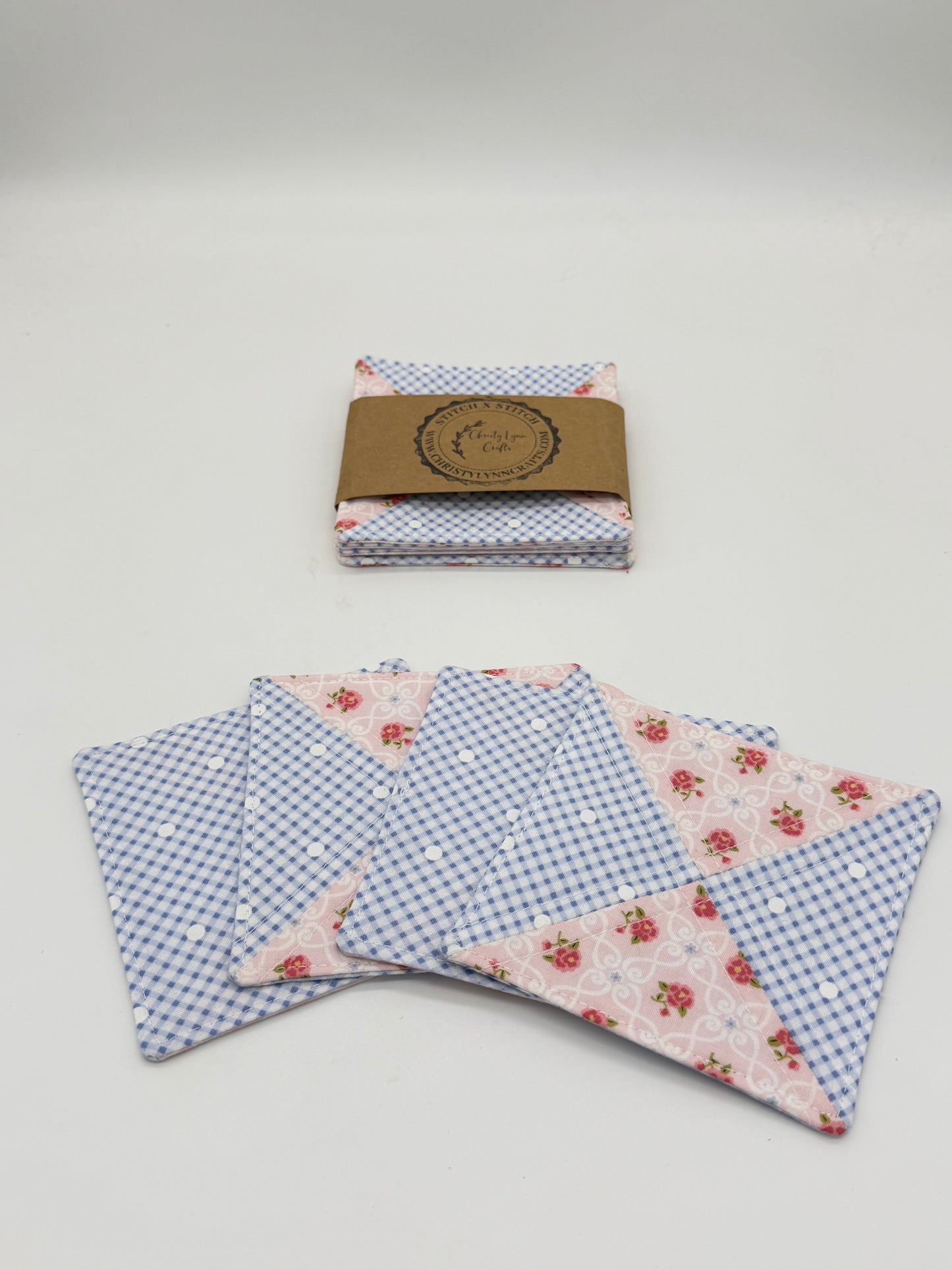 Pink Floral & Blue Gingham Quilted Coasters – Set of 4 Handmade Cotton Coasters