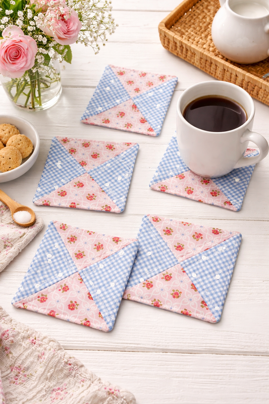 Pink Floral & Blue Gingham Quilted Coasters – Set of 4 Handmade Cotton Coasters