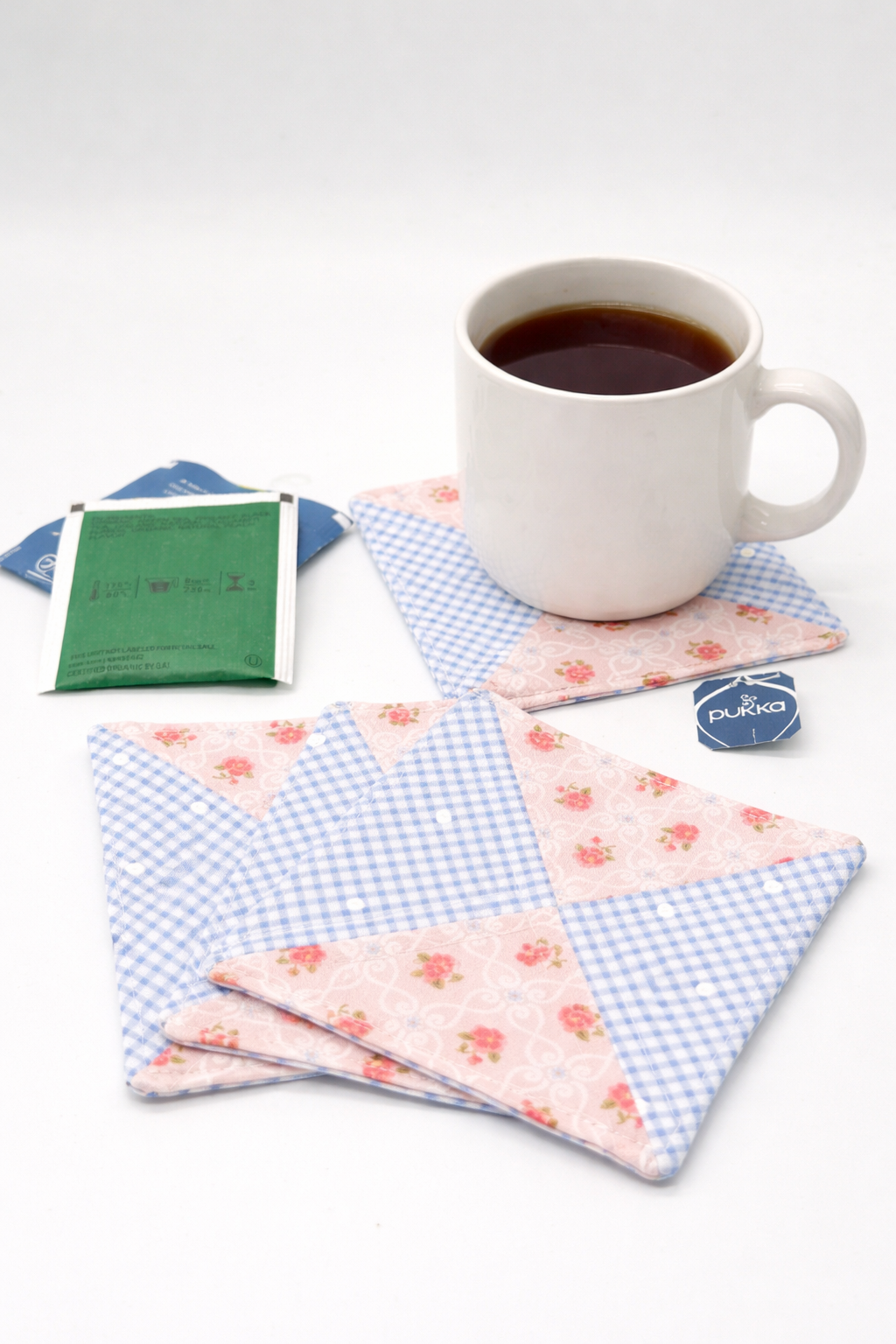 Pink Floral & Blue Gingham Quilted Coasters – Set of 4 Handmade Cotton Coasters
