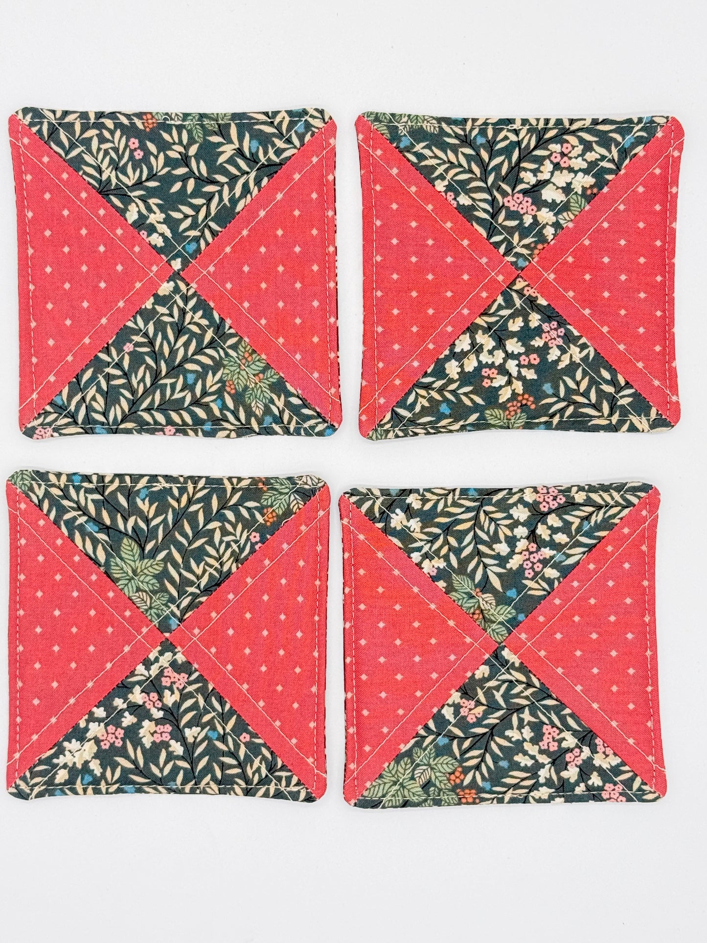 Coral & Green Floral Quilted Coasters – Set of 4