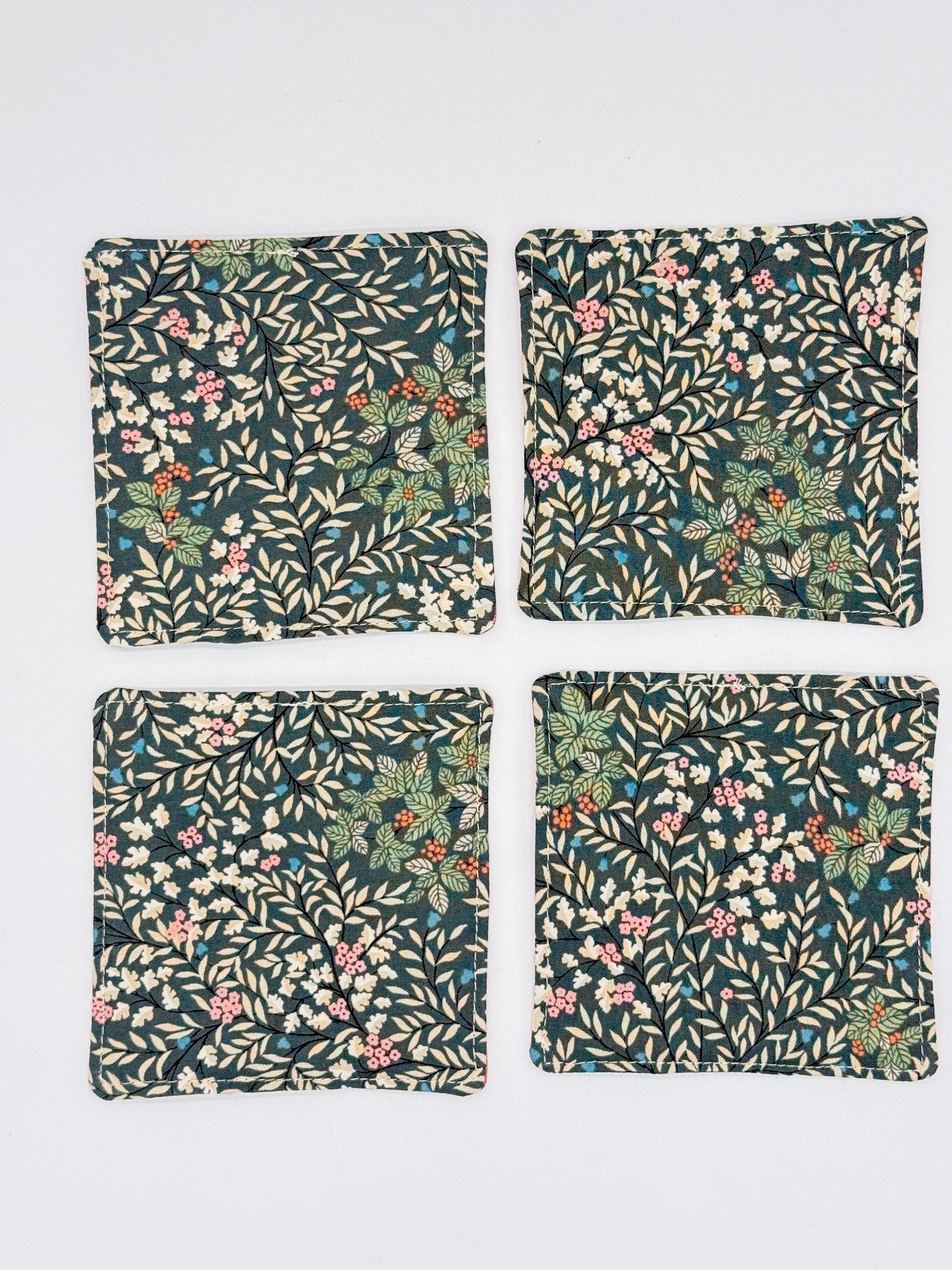 Coral & Green Floral Quilted Coasters – Set of 4