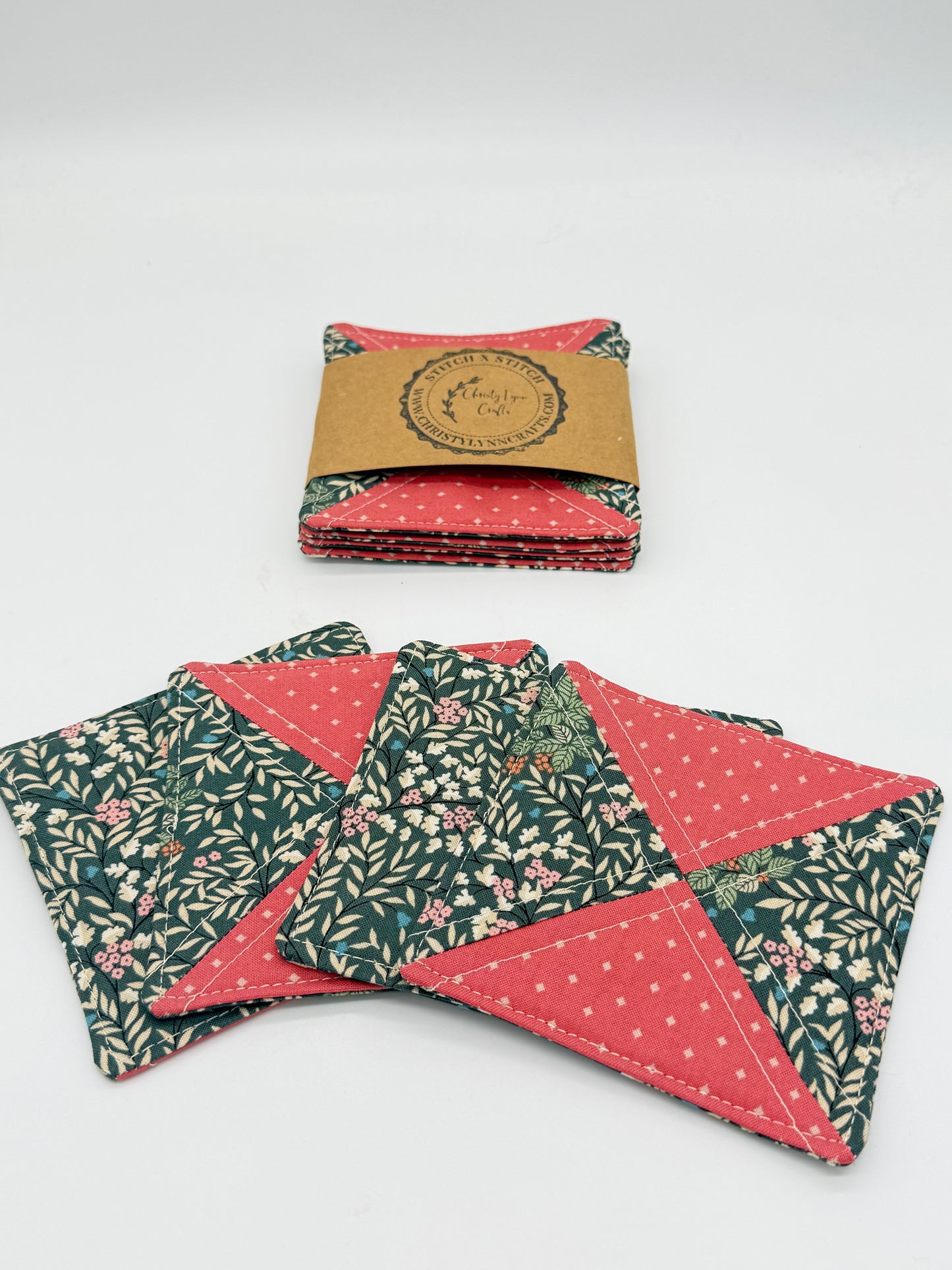 Coral & Green Floral Quilted Coasters – Set of 4