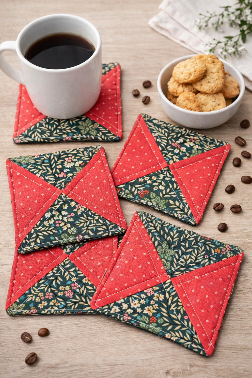 Coral & Green Floral Quilted Coasters – Set of 4