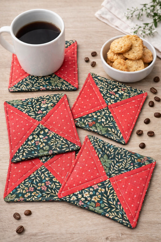 Coral & Green Floral Quilted Coasters – Set of 4