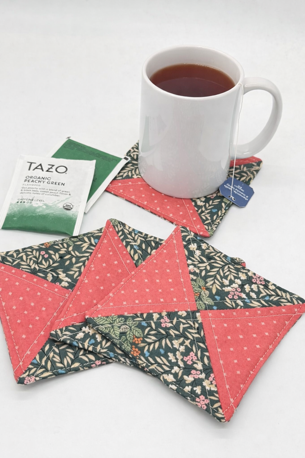 Coral & Green Floral Quilted Coasters – Set of 4