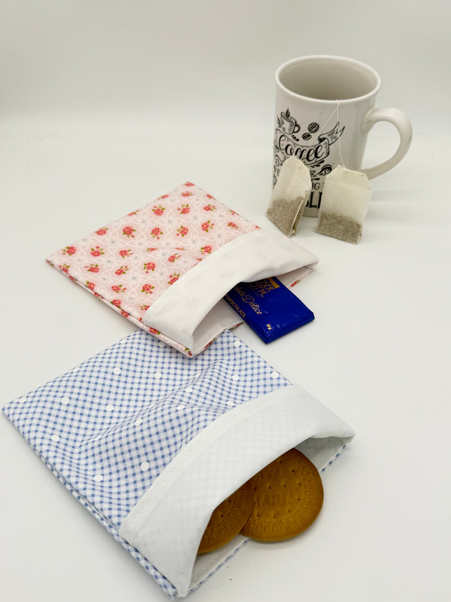 Pink Floral & Blue Gingham Snack Pouch (Fold-Over) – Set of 2