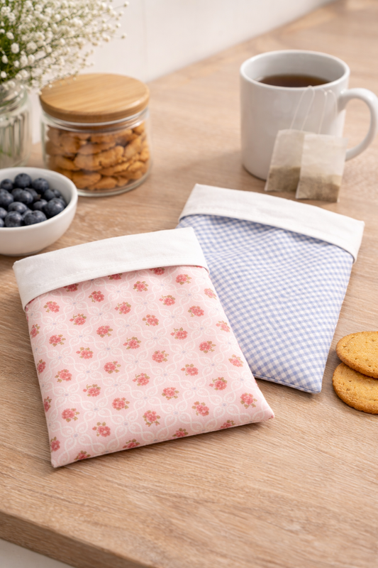 Pink Floral & Blue Gingham Snack Pouch (Fold-Over) – Set of 2