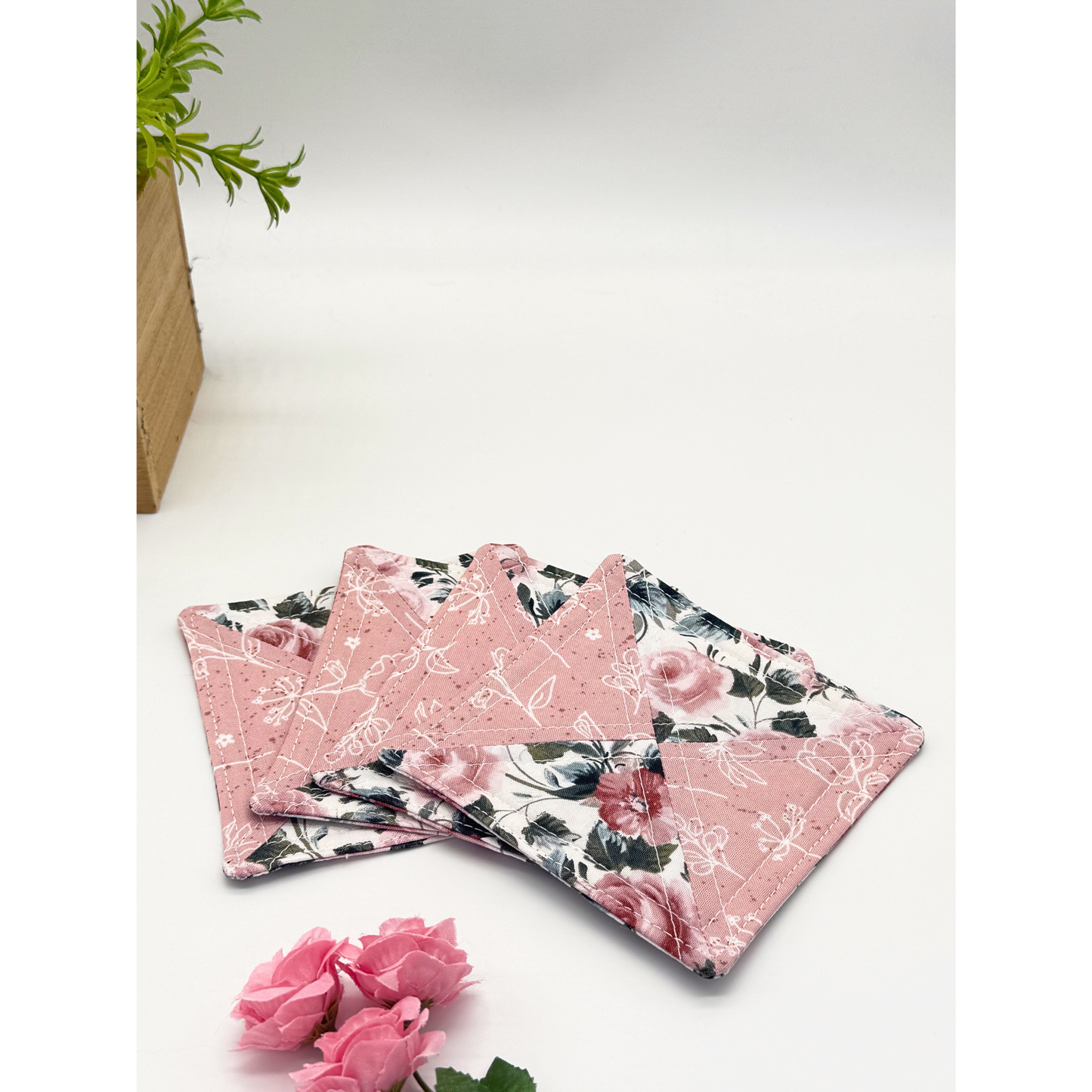 Rose Garden Quilted Coasters – Set of 4 | Handmade Floral Fabric Coasters