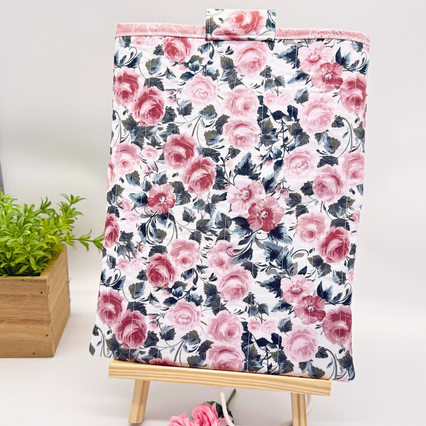 Rose Garden Quilted Book Sleeve with Matching Bookmark | Handmade Floral Book Protector