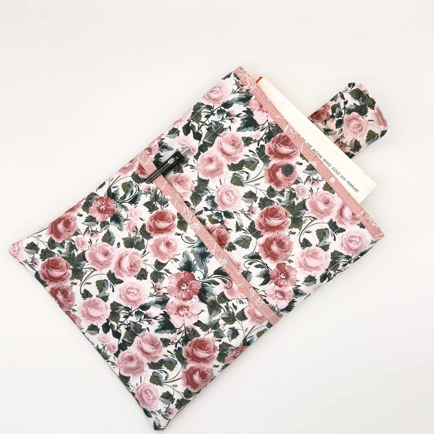 Rose Garden Quilted Book Sleeve with Matching Bookmark | Handmade Floral Book Protector