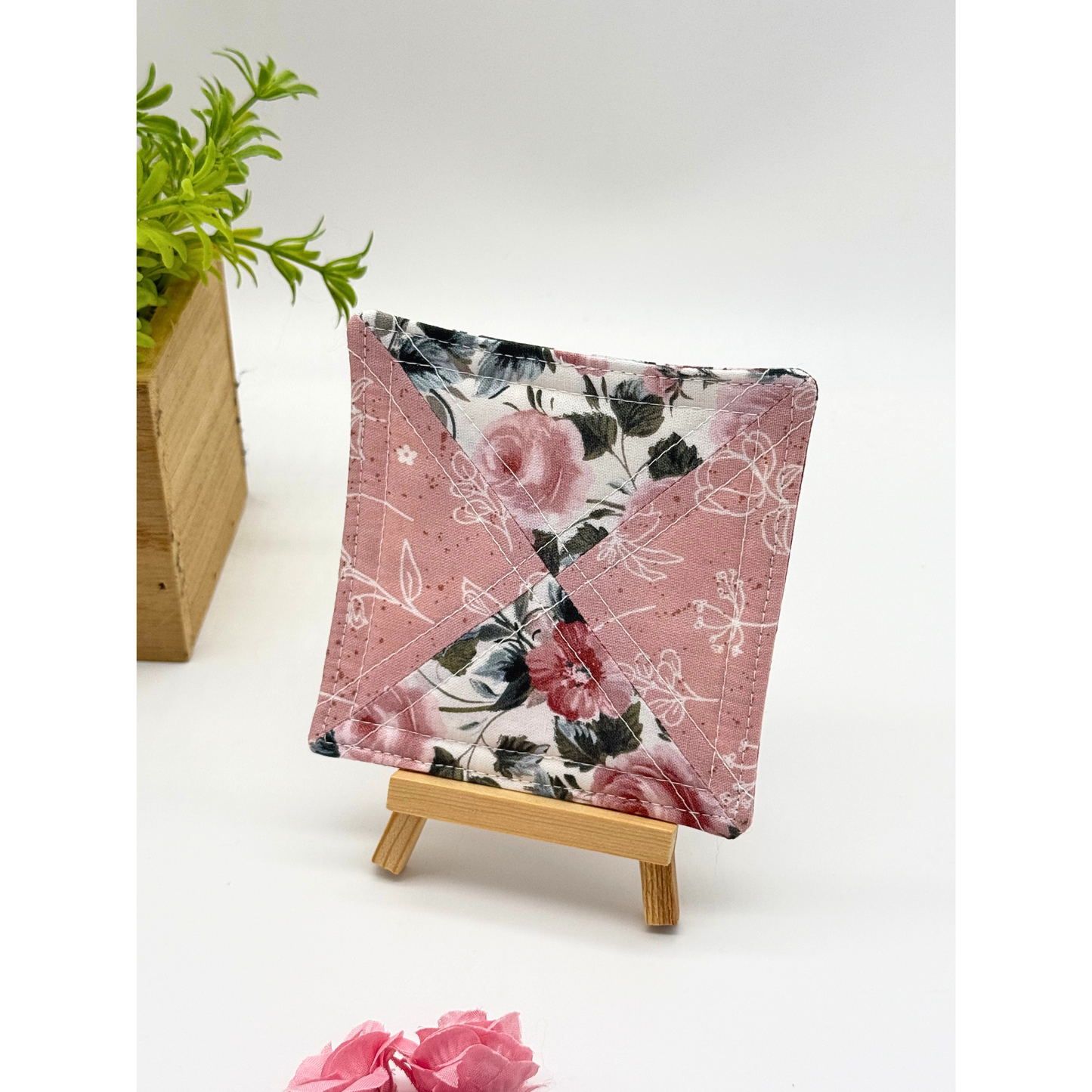 Rose Garden Quilted Coasters – Set of 4 | Handmade Floral Fabric Coasters
