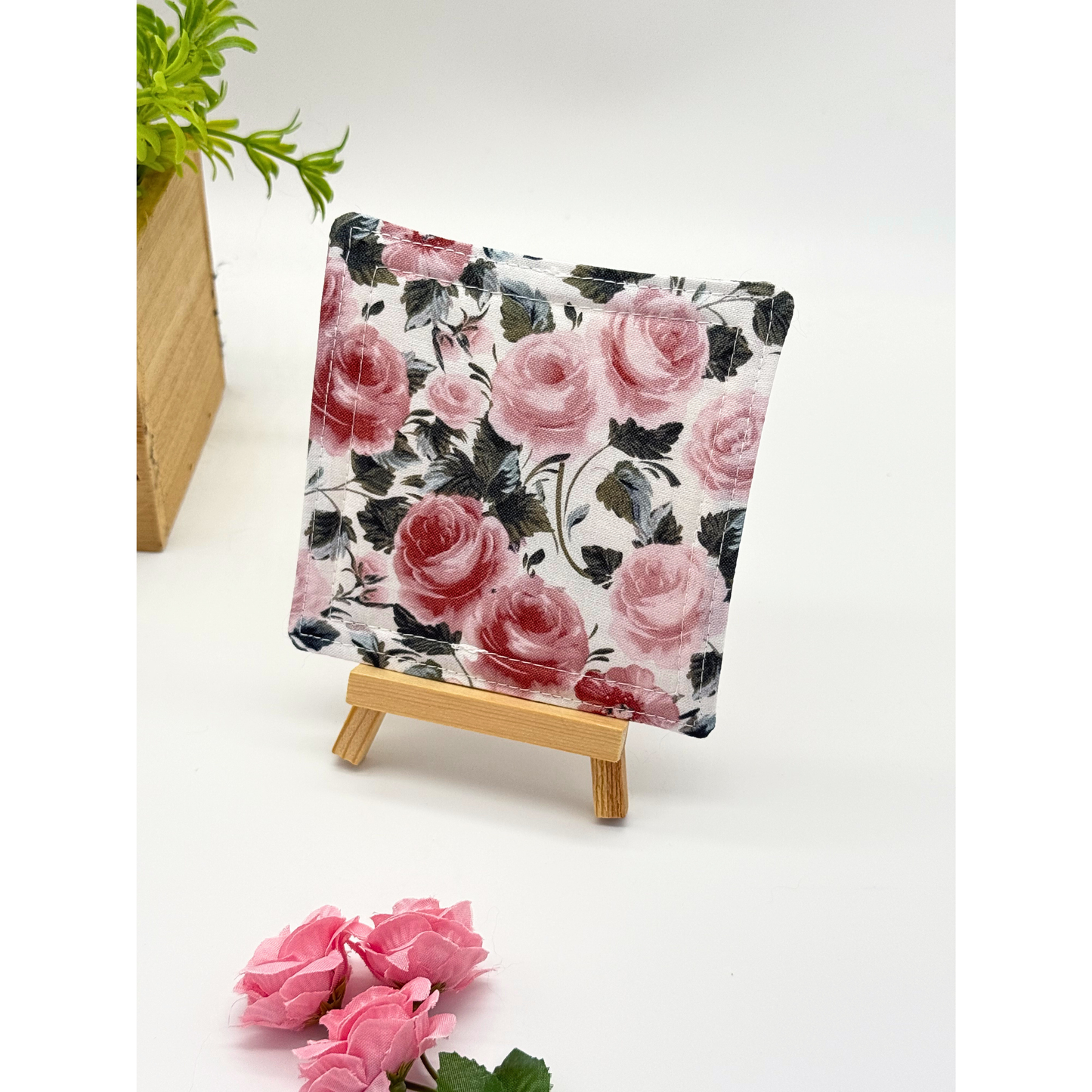 Rose Garden Quilted Coasters – Set of 4 | Handmade Floral Fabric Coasters